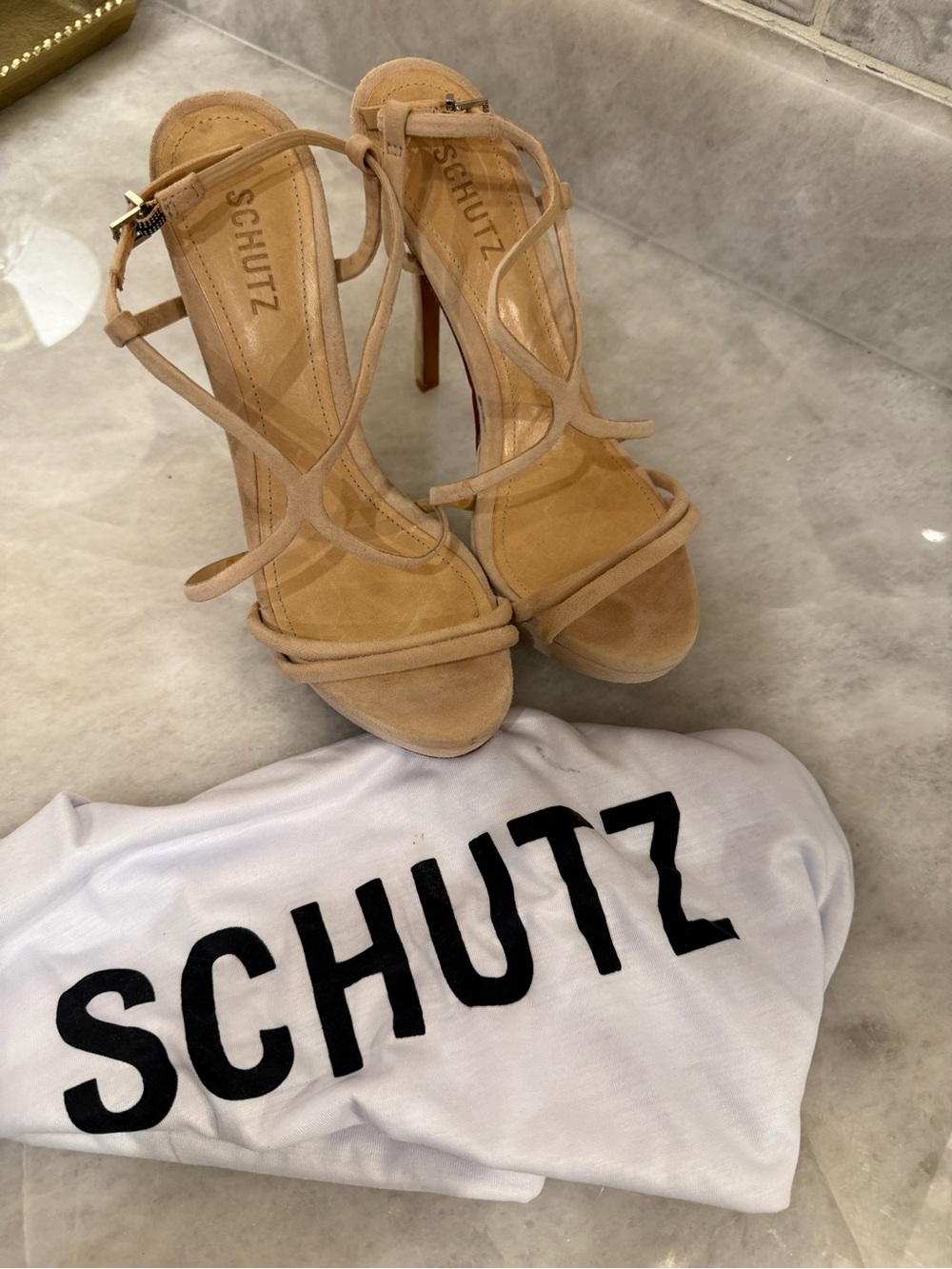 SCHUTZ Nude/Tan Strappy Suede Platform Stiletto Sandals with Dust Bag